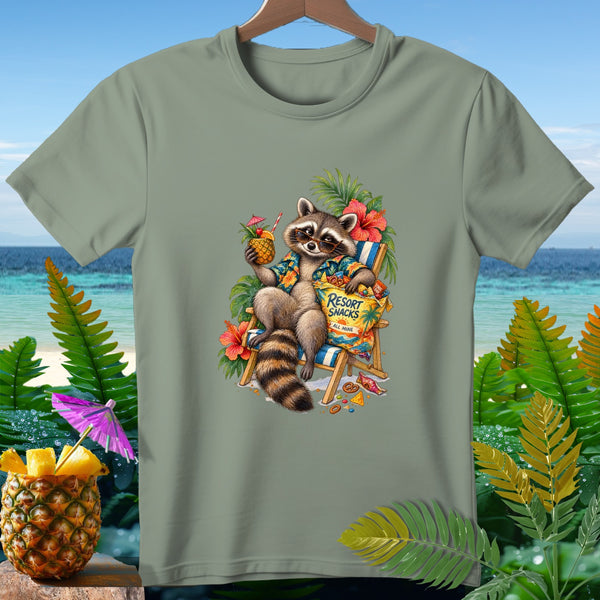 Raccoon wearing sunglasses on beach chair with "Resort Snacks" bag, holding pineapple drink.