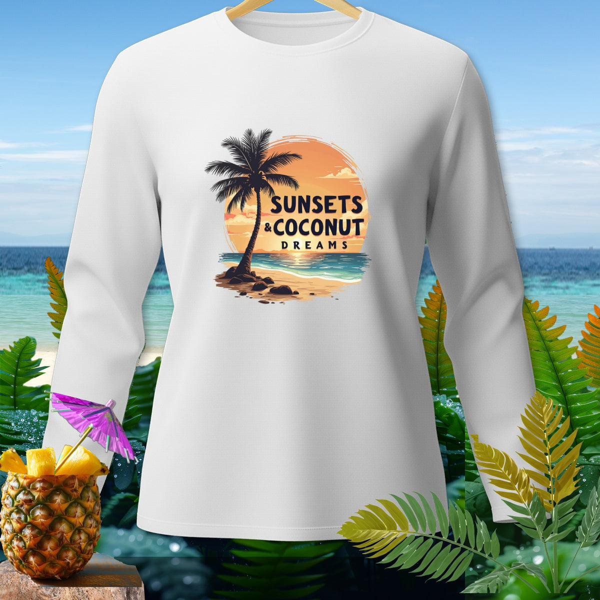 White long-sleeve shirt with "Sunsets & Coconut Dreams" beach graphic.