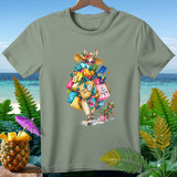 T-shirt with llama wearing straw hat, sunglasses, and carrying shopping bags and beach gear.