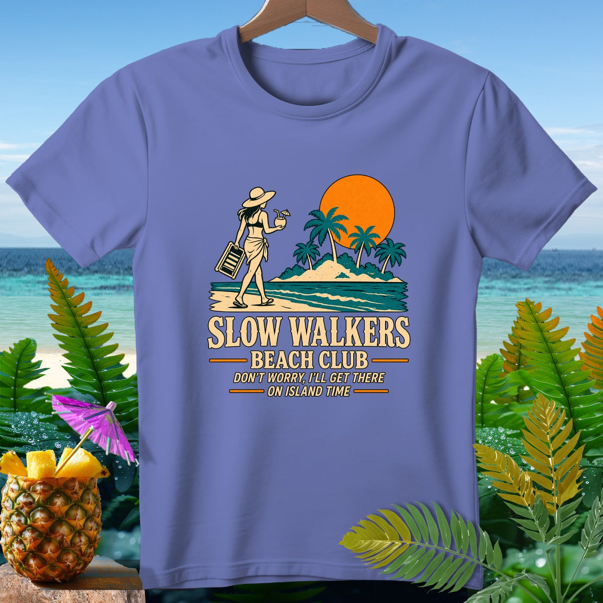 T-shirt graphic with woman on beach and text "Slow Walkers Beach Club"