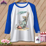 White t-shirt with royal blue sleeves, featuring a skeleton reading 