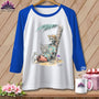 White t-shirt with royal blue sleeves, featuring a skeleton reading "How to Relax" under a palm tree.