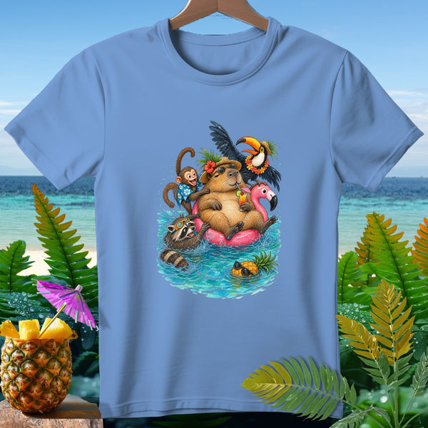 Capybara, raccoon, monkey, and toucan enjoying a pool party on a flamingo float.