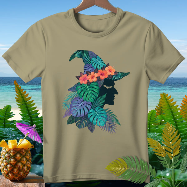 Tan t-shirt featuring a tropical witch hat design with a silhouette.