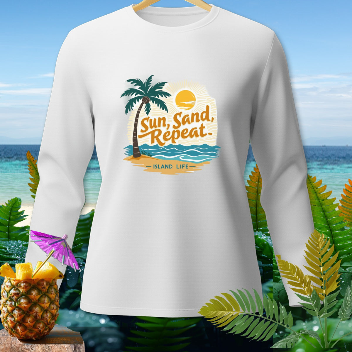 White long-sleeve shirt with "Sun, Sand, Repeat" text and tropical graphic.