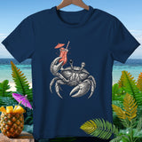 Navy t-shirt with a detailed crab holding a tropical drink with an umbrella.