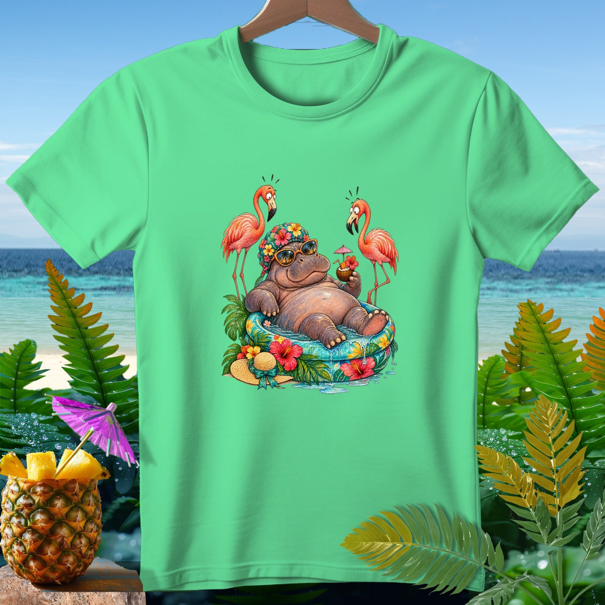 Cartoon hippo relaxing with flamingos and tropical drinks on a beach background.
