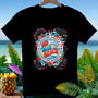 Black t-shirt with "Red White and Blue and Beach Celebrating America 250" graphic.