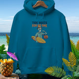Teal hoodie with skeleton surfer, surfboard, pumpkin bucket, and text 