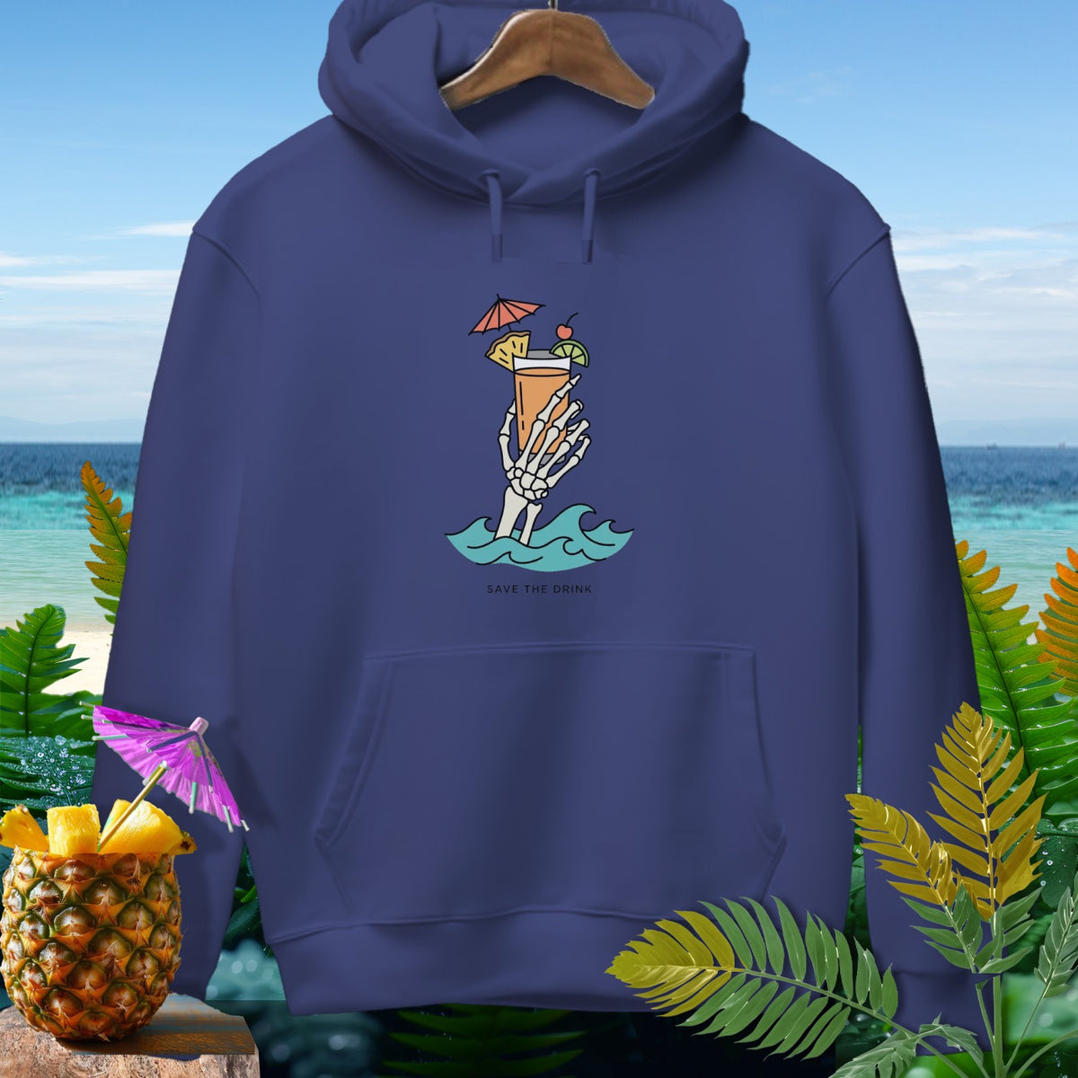 Navy hoodie with a skeleton hand holding a tropical drink with text "SAVE THE DRINK".