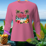 Pink long-sleeve shirt with tropical 