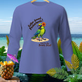 Green parrot in sunglasses and flower on shirt with text 