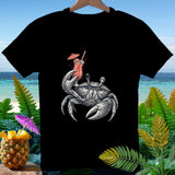 Detailed drawing of a crab holding a tropical drink on a black t-shirt.