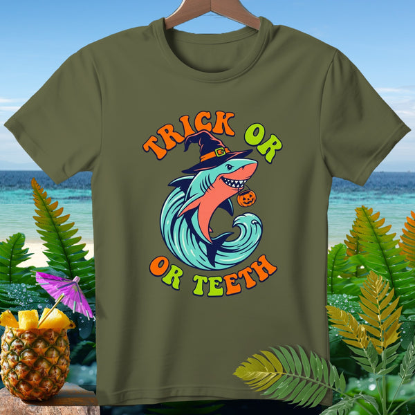 Olive green t-shirt with shark wearing witch hat, "Trick or Teeth" text.