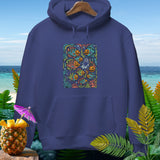 Dark blue hoodie with a colorful print of fish, pumpkins, and a ghost.