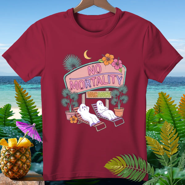 Maroon t-shirt with ghosts relaxing by a "No Mortality Vacancy" neon sign.