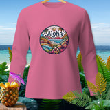 Pink long sleeve shirt with circular tropical graphic and 