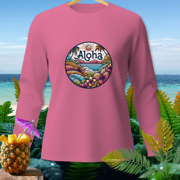 Pink long sleeve shirt with circular tropical graphic and "Aloha" text.
