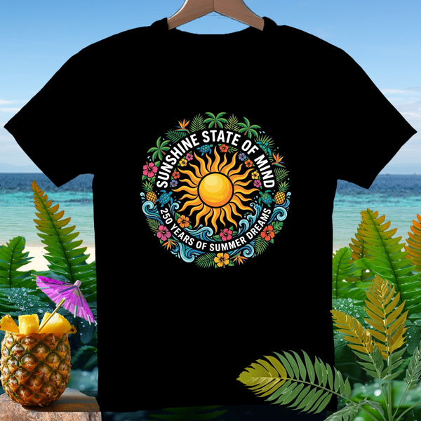 Black t-shirt with circular "Sunshine State of Mind" design featuring a sun and tropical elements.