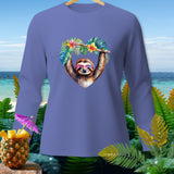 Purple long-sleeve shirt with a sloth in heart-shaped foliage and heart sunglasses.