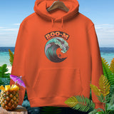 Orange hoodie with surfing ghost wave graphic and 