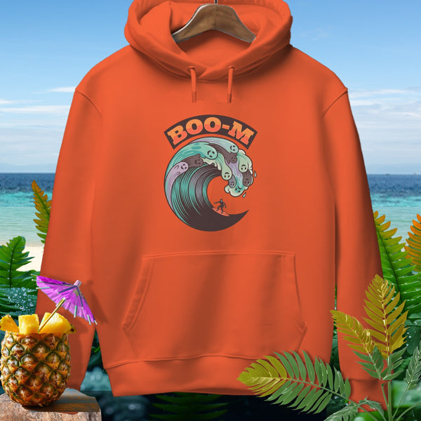 Orange hoodie with surfing ghost wave graphic and "BOO-M" text.