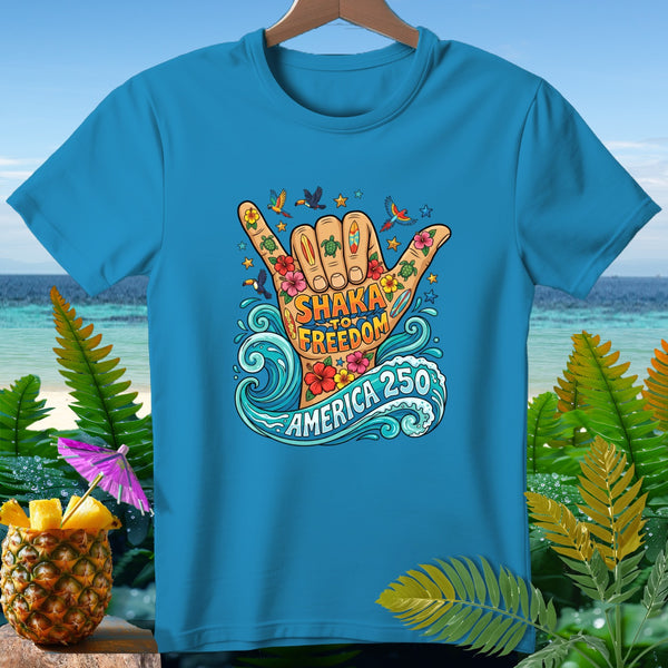 Blue t-shirt with a shaka hand graphic saying "Shaka to Freedom America 250".