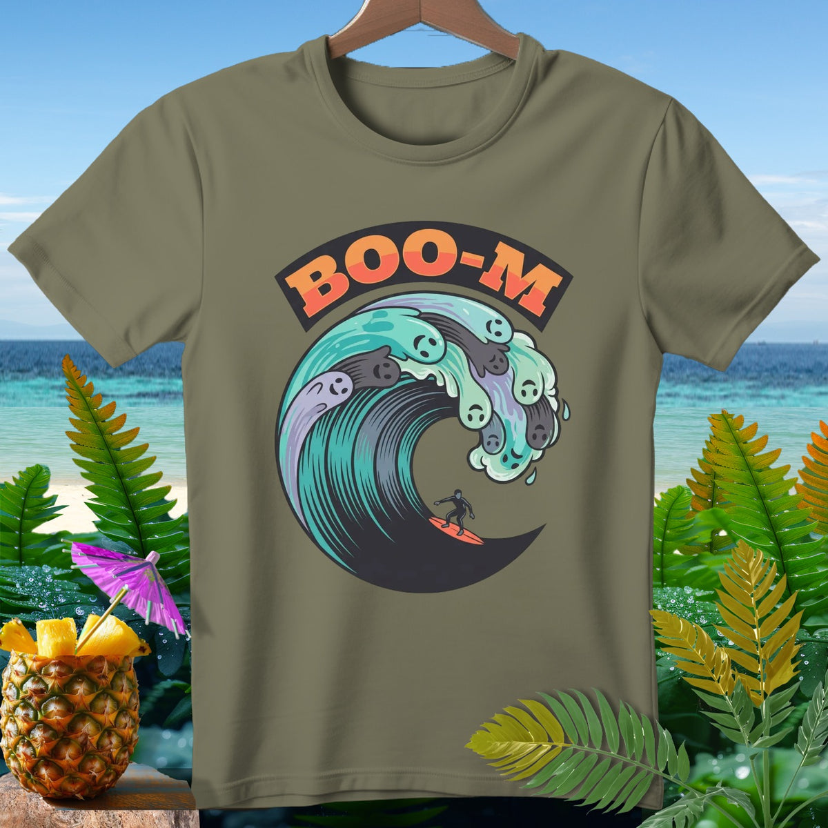 T-shirt with "BOO-M" text and surfer riding wave with ghosts.