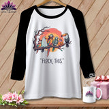 White baseball tee with Halloween-themed parrots and the text 