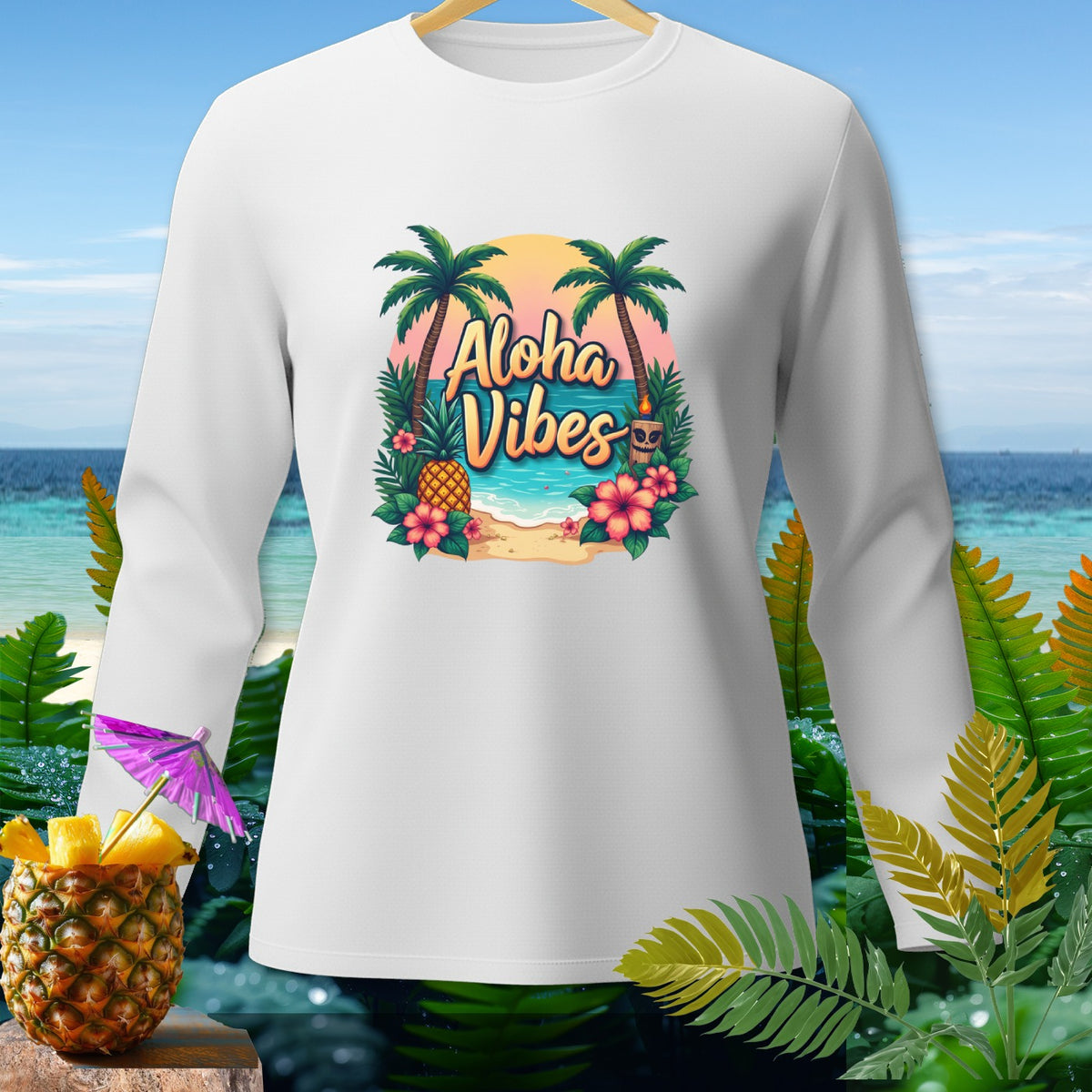 White long-sleeve shirt with "Aloha Vibes" tropical beach graphic.