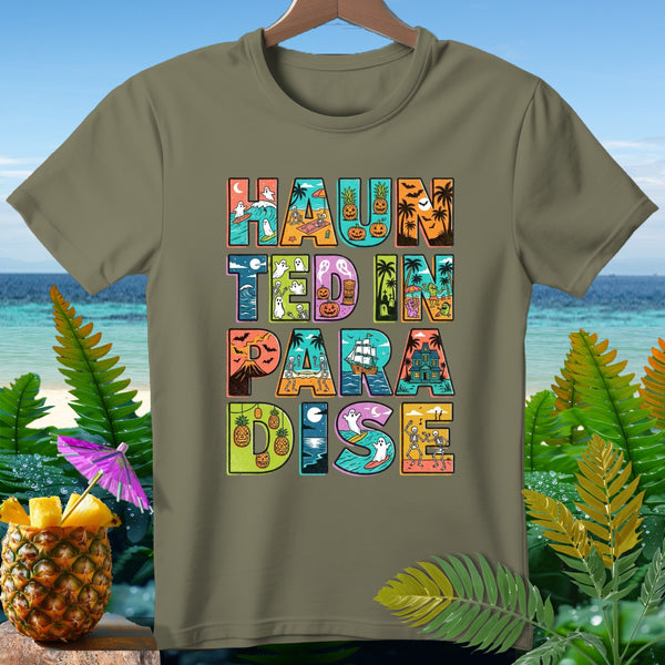 "Haunted in Paradise" text with Halloween and tropical beach themed graphics on a t-shirt.