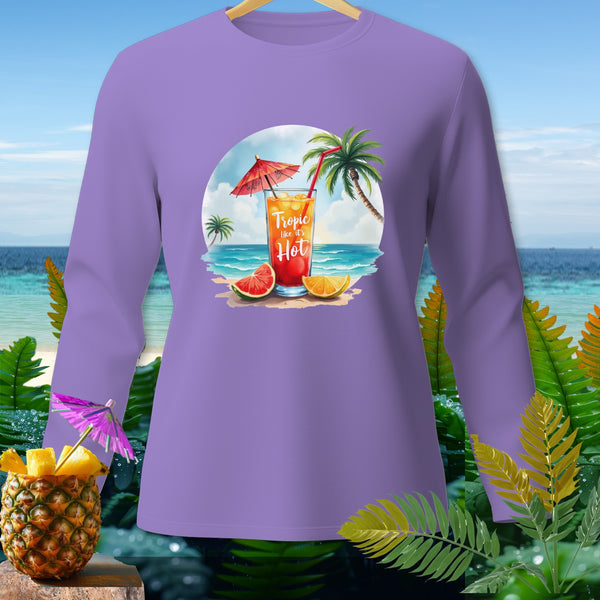 Purple long-sleeve shirt with "Tropic like it's Hot" tropical drink graphic.