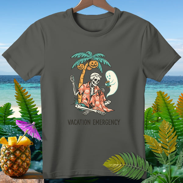 Skeleton with ghost under palm tree with pumpkins, "Vacation Emergency" text.