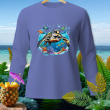 Long-sleeve shirt with a sea turtle swimming in a coral reef.