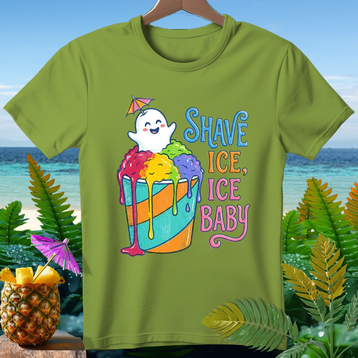 Green t-shirt with a cartoon ghost and "Shave Ice, Ice Baby" text.