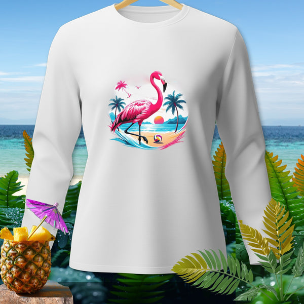 White long-sleeve shirt with a flamingo on a tropical beach scene graphic.