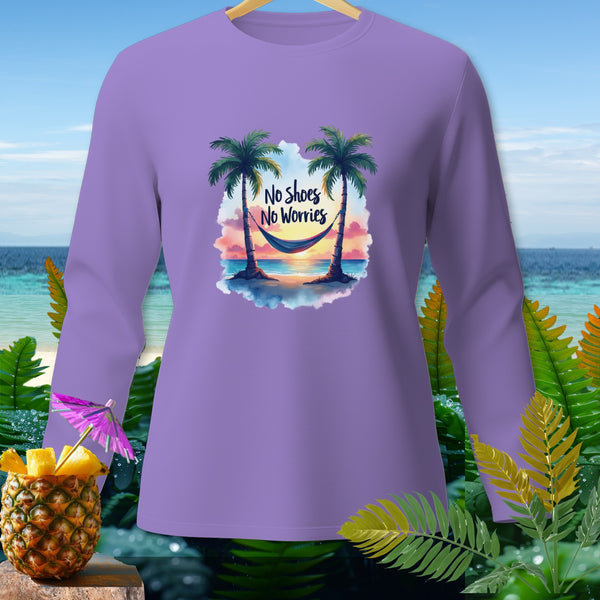 Purple long-sleeve shirt with "No Shoes No Worries" text and beach graphic.