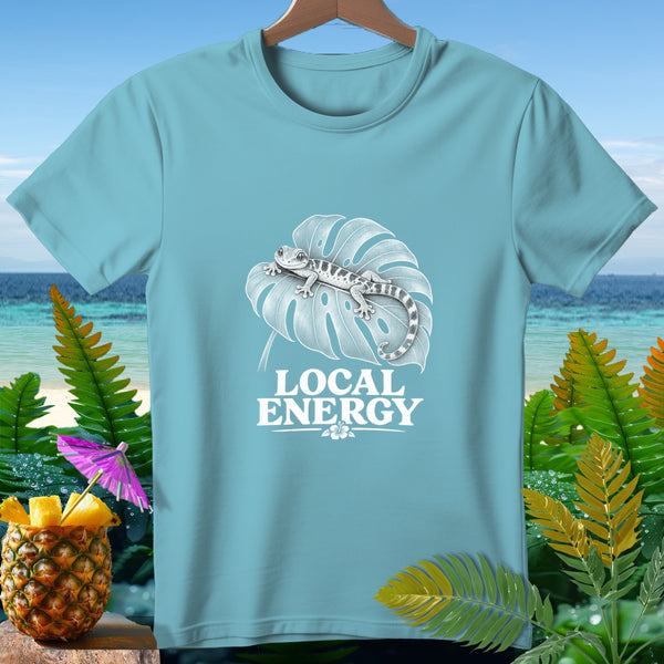 Light blue t-shirt with gecko on monstera leaf and "LOCAL ENERGY" text.