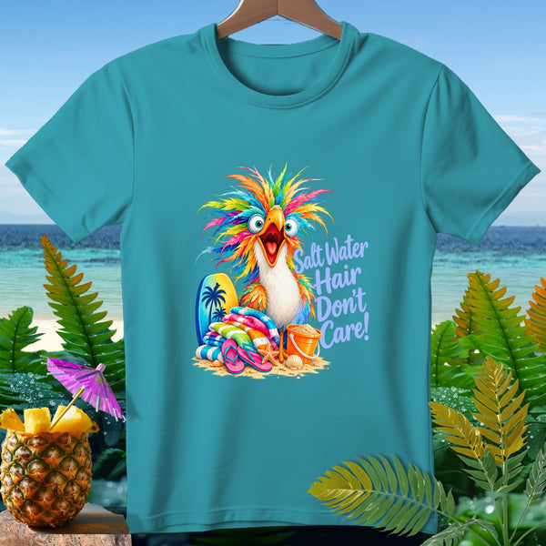 Turquoise t-shirt with a colorful parrot and "Salt Water Hair Don't Care!" text.