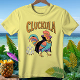Yellow t-shirt with a cartoon rooster dressed as a vampire, with three ghosts and 