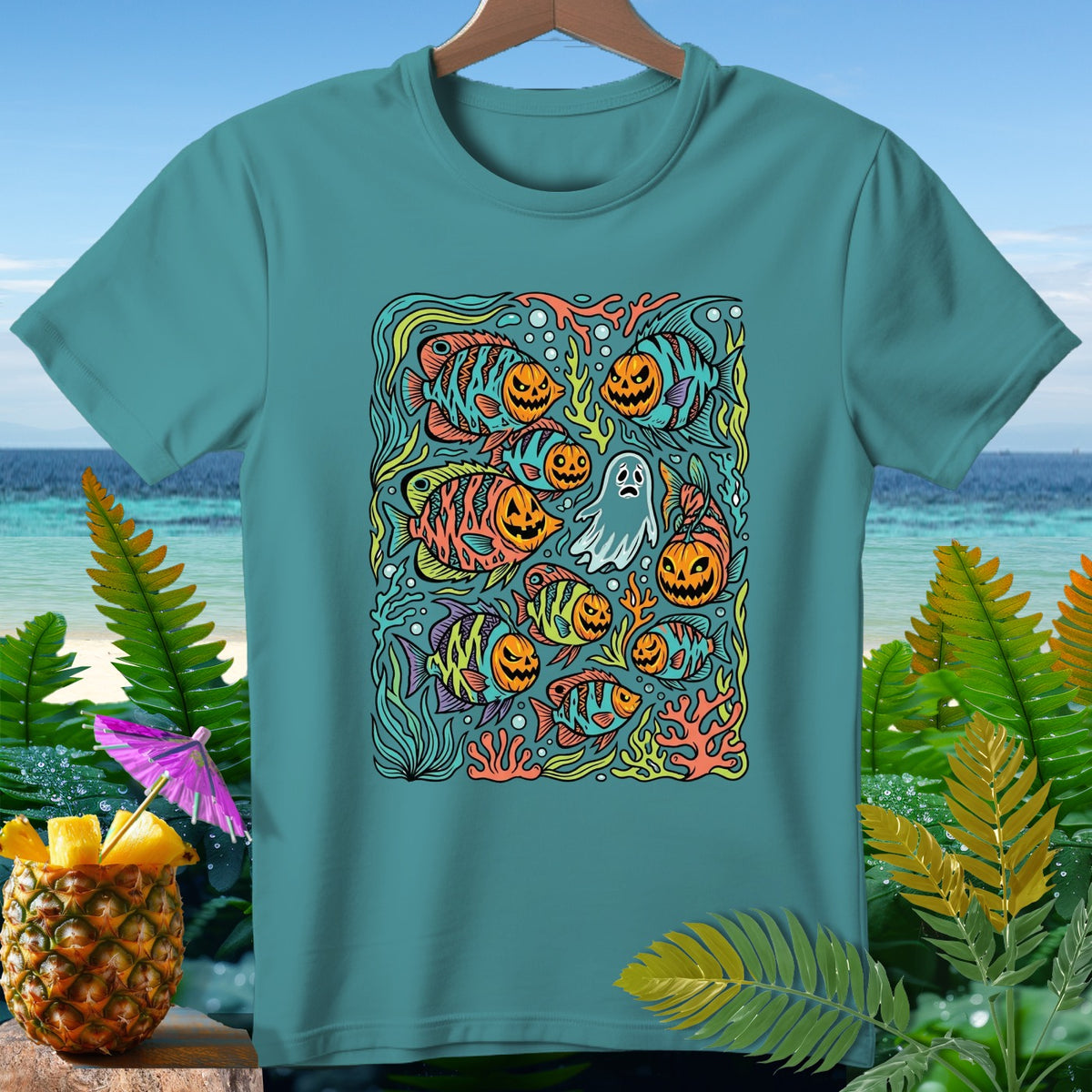 Teal t-shirt with Halloween fish and ghost graphic.