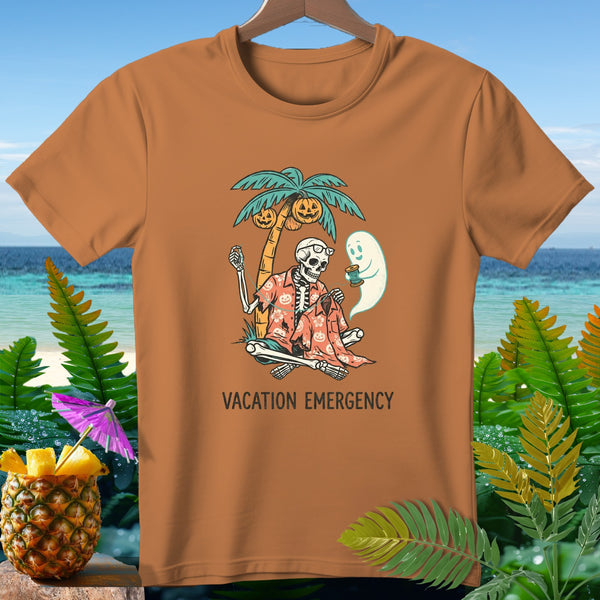 Orange t-shirt with skeleton, ghost, and pumpkins on a palm tree.