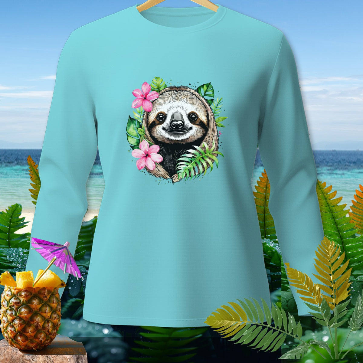 Light blue long-sleeve shirt featuring a sloth with flowers and tropical leaves design.