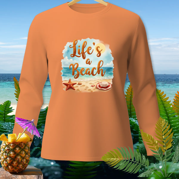 Orange long-sleeve shirt with "Life's a Beach" graphic featuring starfish and a hat.