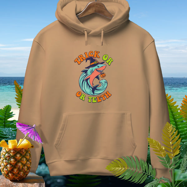 Brown hoodie with a Halloween shark graphic that says "Trick or Teeth".