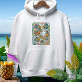 White hoodie featuring a Halloween-themed graphic of fish and ghosts.
