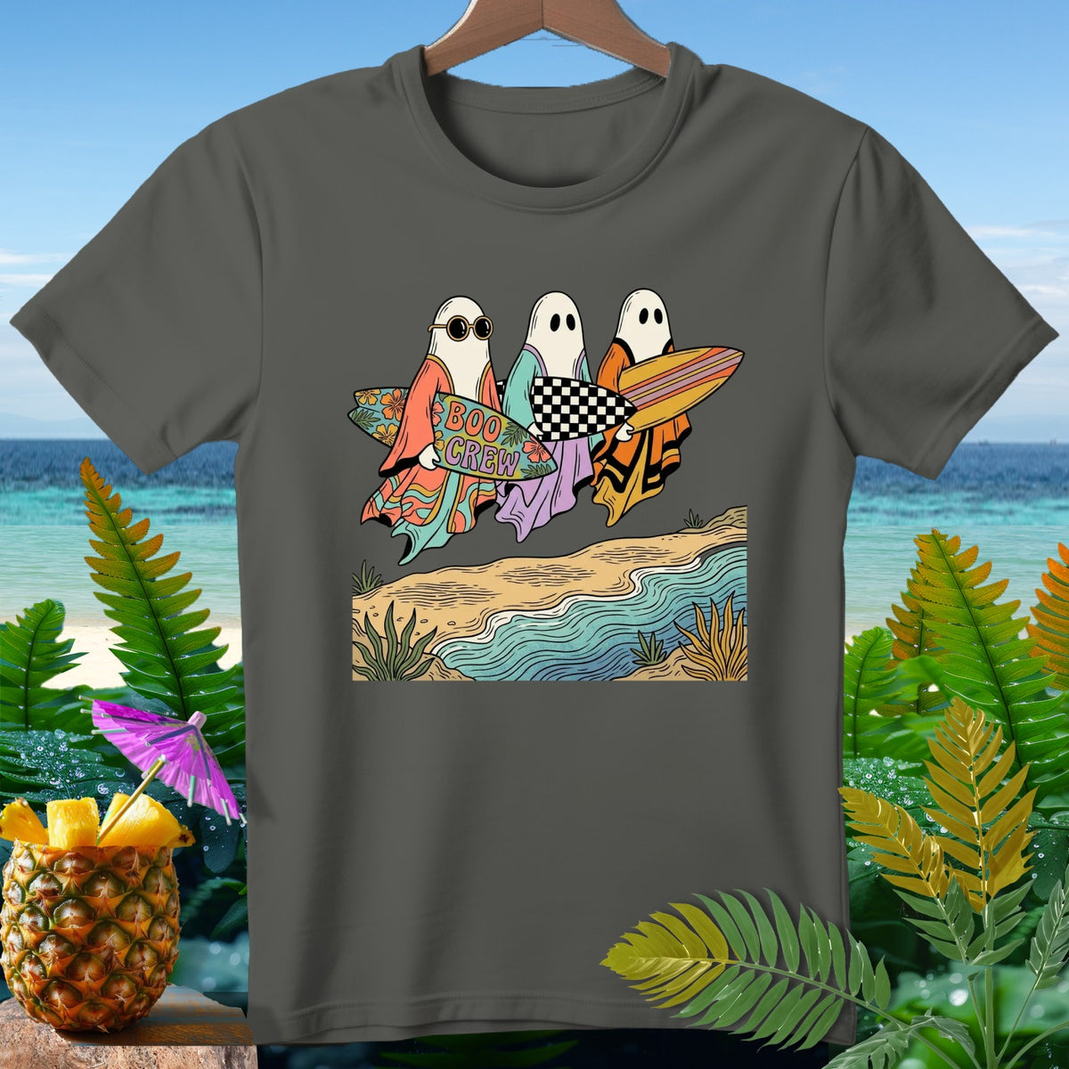 Three ghosts with surfboards on a beach, text reads "Boo Crew".