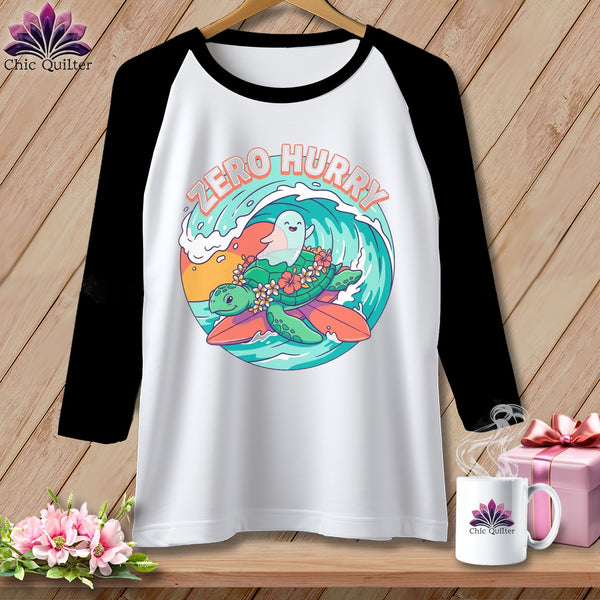T-shirt graphic with a turtle riding a surfboard and ghost, text "ZERO HURRY".