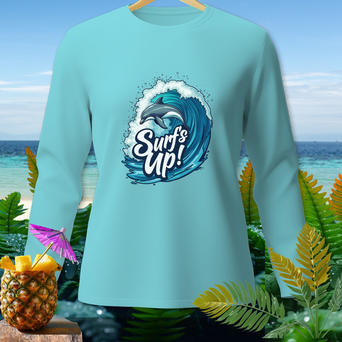 Light blue long-sleeve shirt with dolphin and "Surfs Up!" graphic.