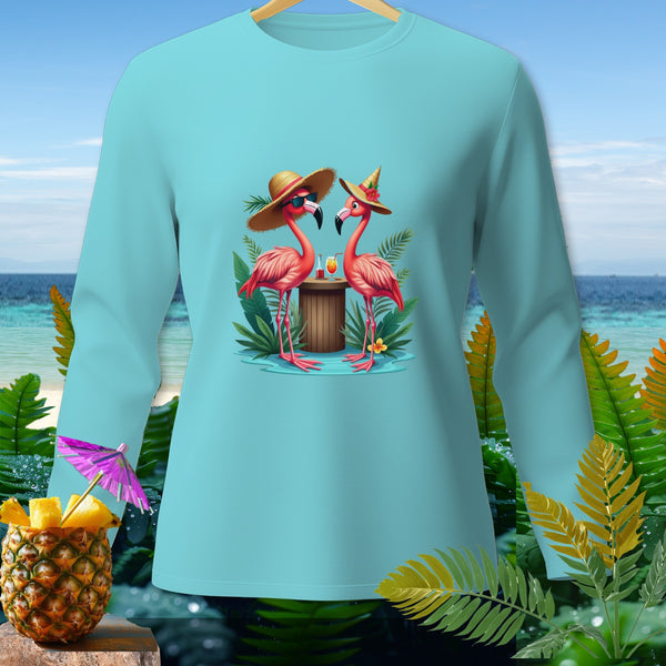 Light blue long sleeve shirt with two flamingos in hats and sunglasses.